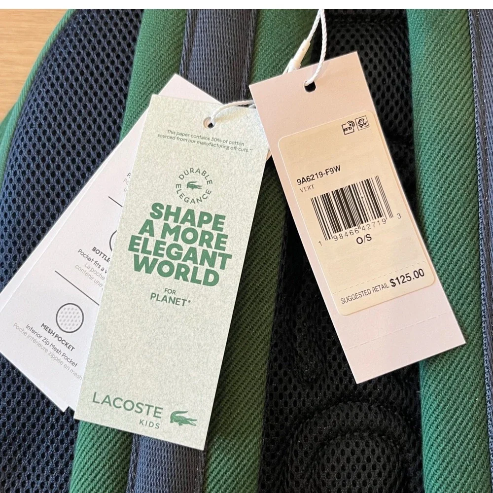 Lacoste‎ Kids Green Navy Blue Varsity Logo Backpack Bag 9A6219-F9W NWT